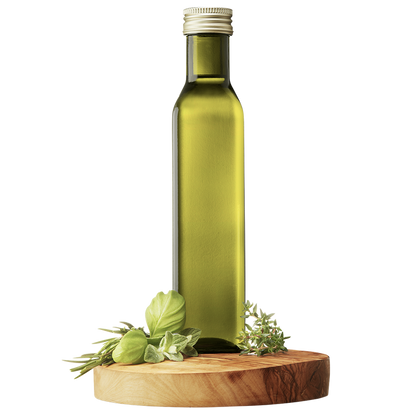 A tall, slender bottle of Tuscan Herb Extra Virgin Olive Oil on a wooden platform, flanked by fresh herbs.