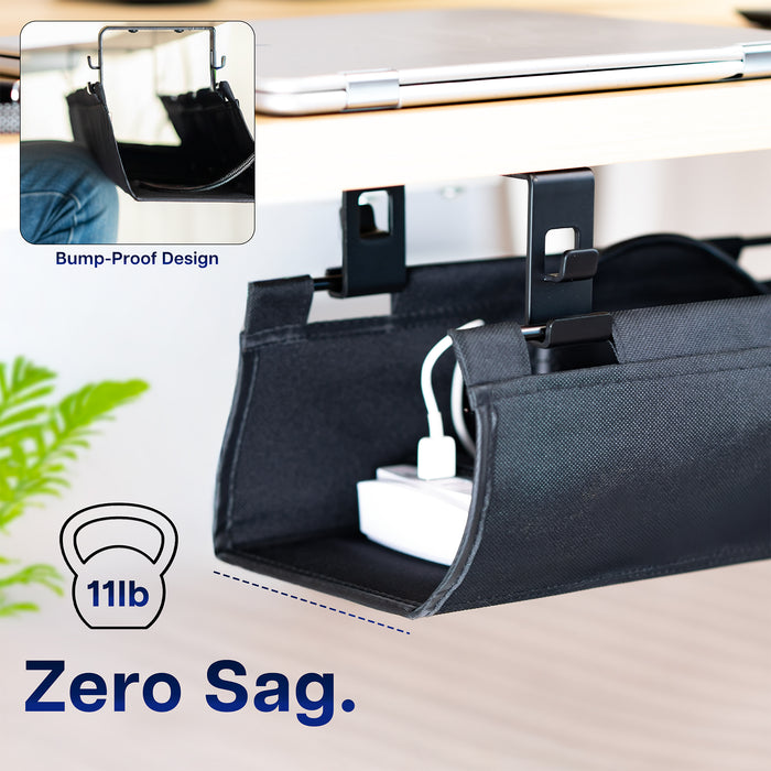 Black Under Desk Fabric Cable Management Tray with a laptop and accessories on a desk, featuring text about weight capacity and zero sag.