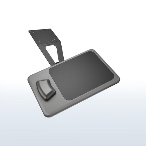 Black desk pad with wrist support on a white background