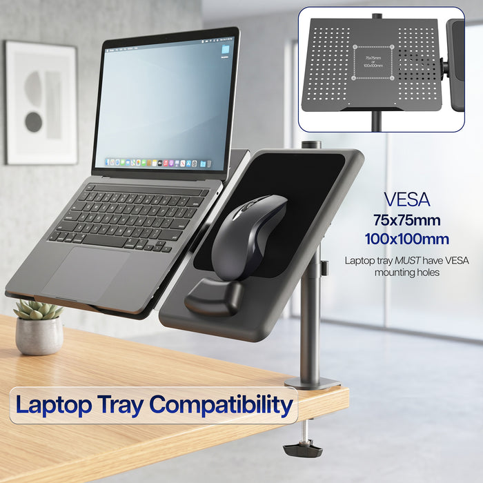 Laptop tray with laptop, mouse, and tablet stand on a desk with a blurred background