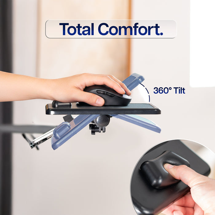 Ergonomic mouse pad with 360-degree tilt feature and 'Total Comfort' text.