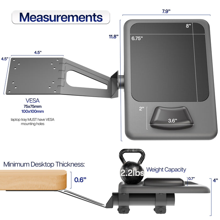 Measurement chart of a laptop tray with dimensions and specifications.