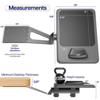 Measurement chart of a laptop tray with dimensions and specifications.