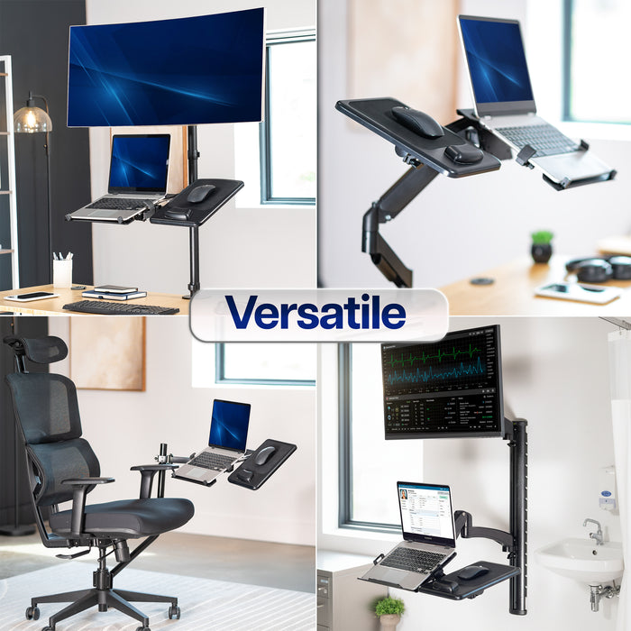 Collage of office setup with adjustable desk and chair, multiple monitors, and ergonomic equipment.