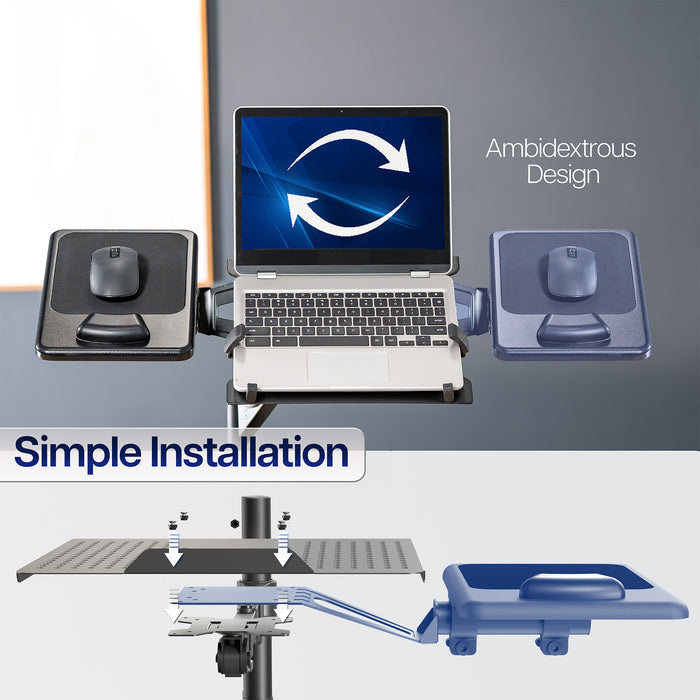 Laptop stand with ambidextrous design and simple installation text on a gray background