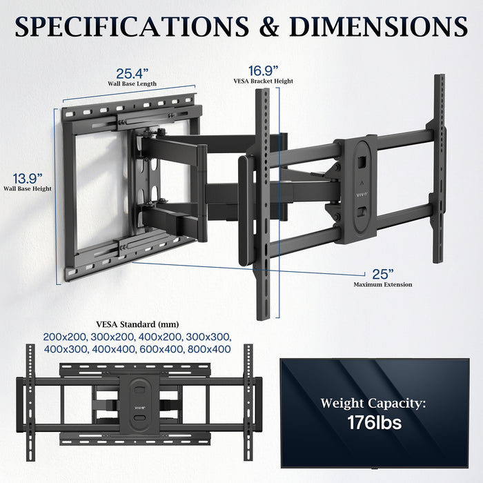 Pro Heavy Duty Full Motion TV Wall Mount Specs and Dimensions