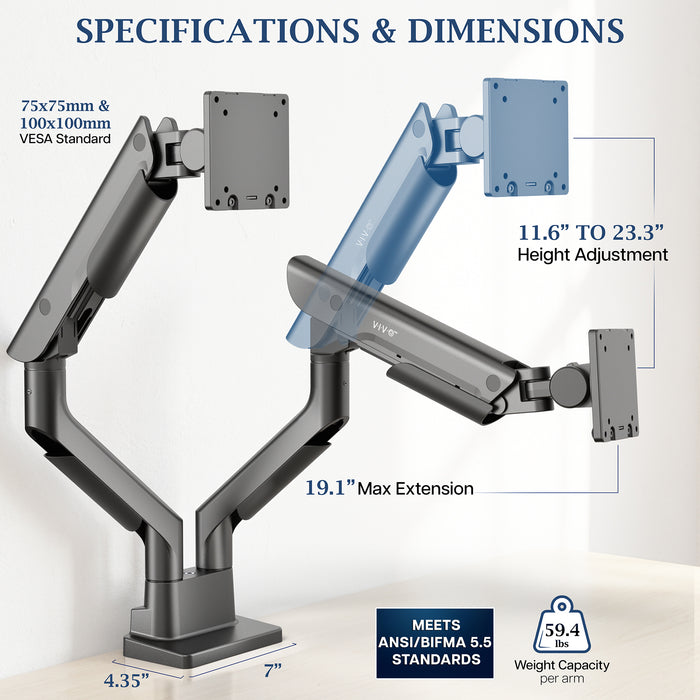 Pro Pneumatic Arm Dual Ultrawide Monitor Desk Mount Specs and Dimensions