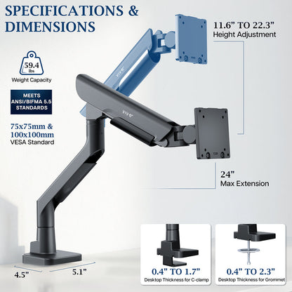 Pro Pneumatic Arm Single Ultrawide Monitor Desk Mount Specs and Dimensions