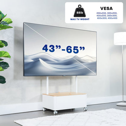 White / Bamboo Studio TV Cart w/ Storage Box - 43” to 65” Screens
