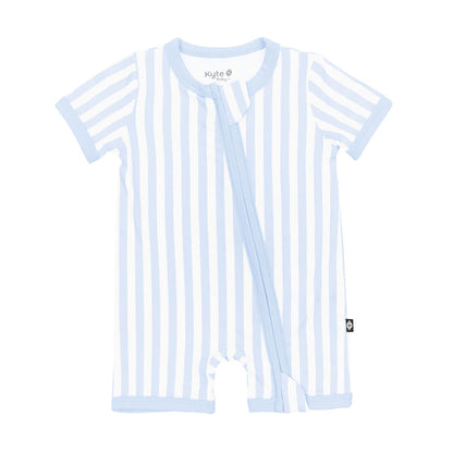 Product photo of Kyte Baby's Zipper Shortall Romper in Small Mist Stripe